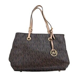 Michael Kors Jet Set Logo Signature Coated Canvas Brown Gold Tote Bag Purse